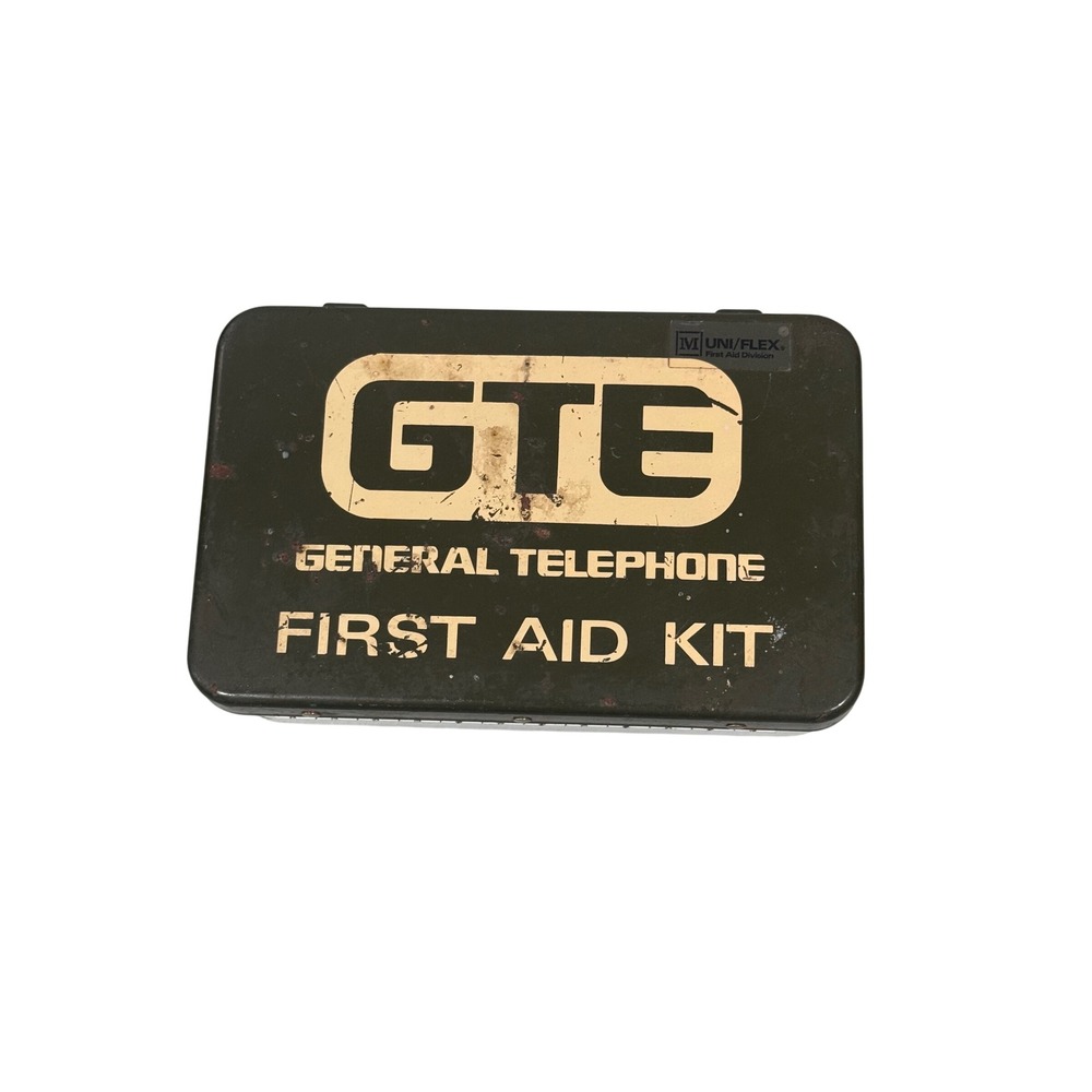 Vintage GTE‎ General Telephone Metal First Aid Kit Box Uni/Flex Industrial Green